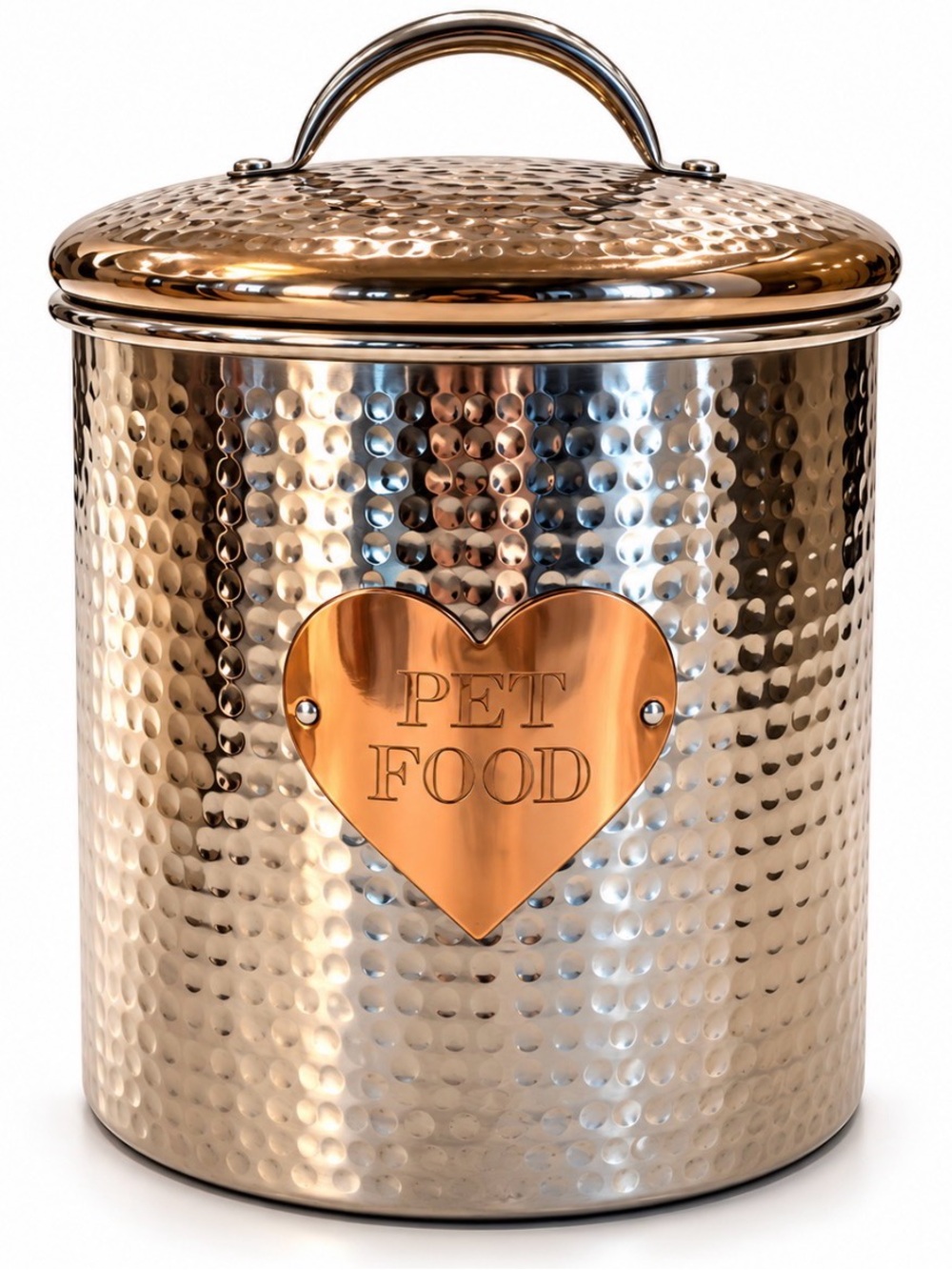 Pet Food Storage Canister - silver and Copper Hammered Metal